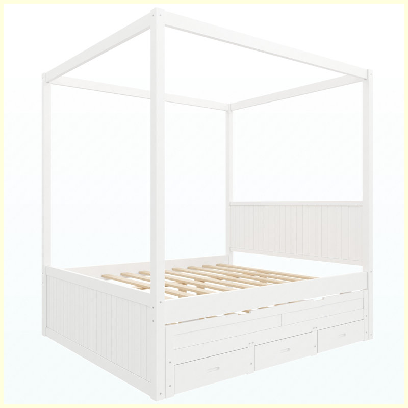 Grand lit plateforme à baldaquin avec lit gigogne simple, 3 tiroirs de rangement, tête de lit, lit à baldaquin blanc pour la chambre à coucher