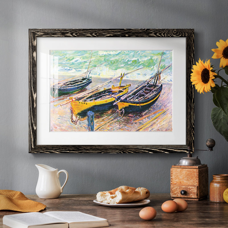 Trois bateaux de pêche à Eretrat par Monet, H 26 po x l 38 po, Noir
