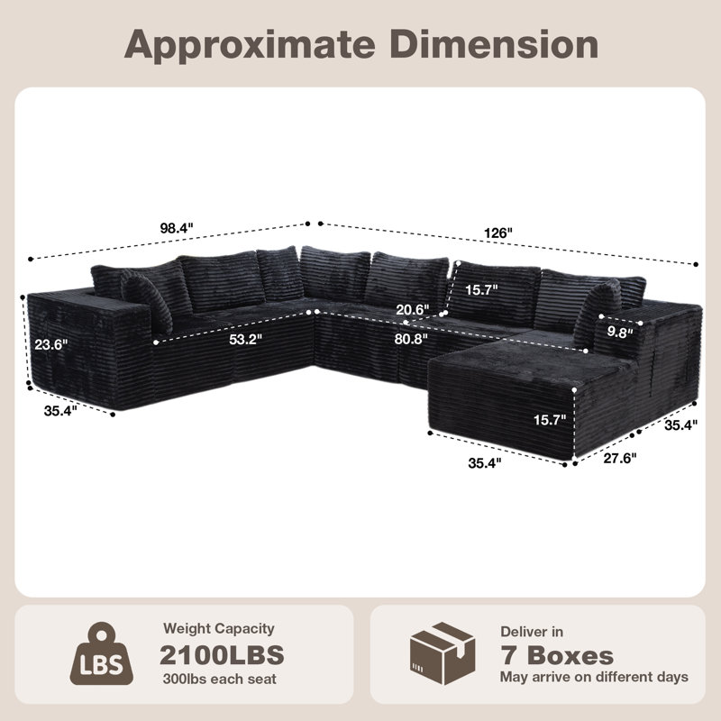 126" U-Shaped Compression Sectional For 7, Corduroy Cloud Couch, Black