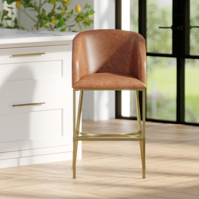 Tabouret de bar 31 po Hampton, similicuir brun tabac avec structure en acier doré