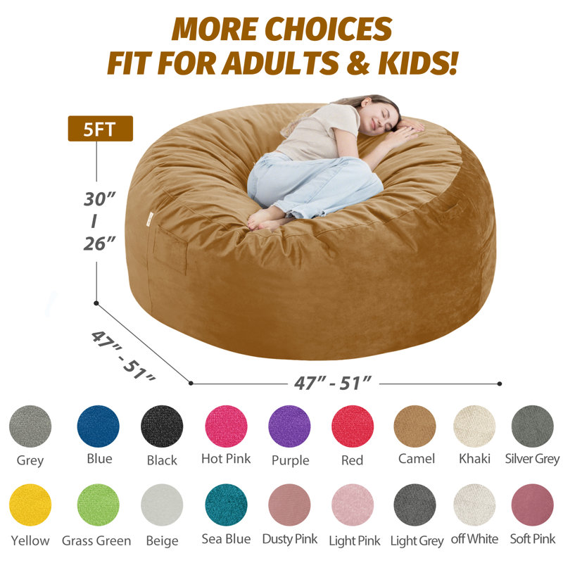 7ft Pre-filled Memory Foam Bean Bag Chair, Khaki, 30" H x 58" W x 58" D