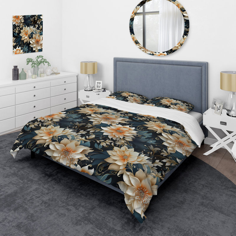 Luxurious Gold And Grey Flowers Pattern Floral Duvet Cover, Twin Duvet Cover + 1 Standard Sham