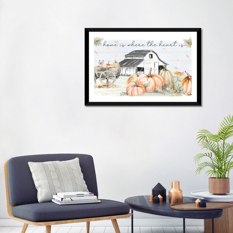 «Pumpkin Barn» par Patricia Pinto, reproduction d'impression sur papier, H 24 po x l 32 po x P 1 po, Papier encadré noir