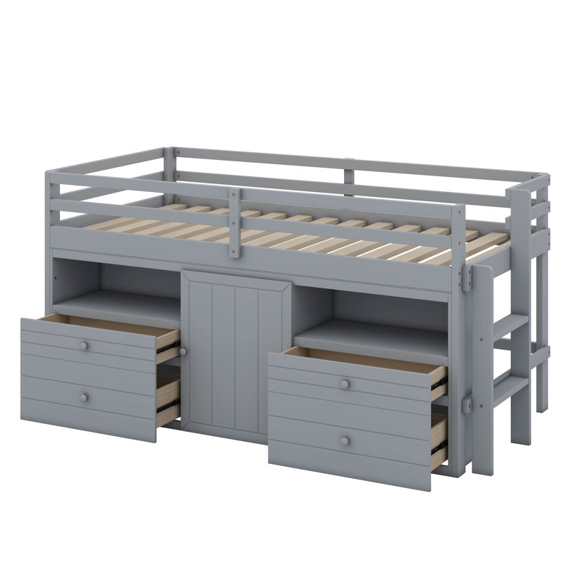 Twin Size Loft Bed with 4 Drawers, Underneath Cabinet and Shelves, Gray