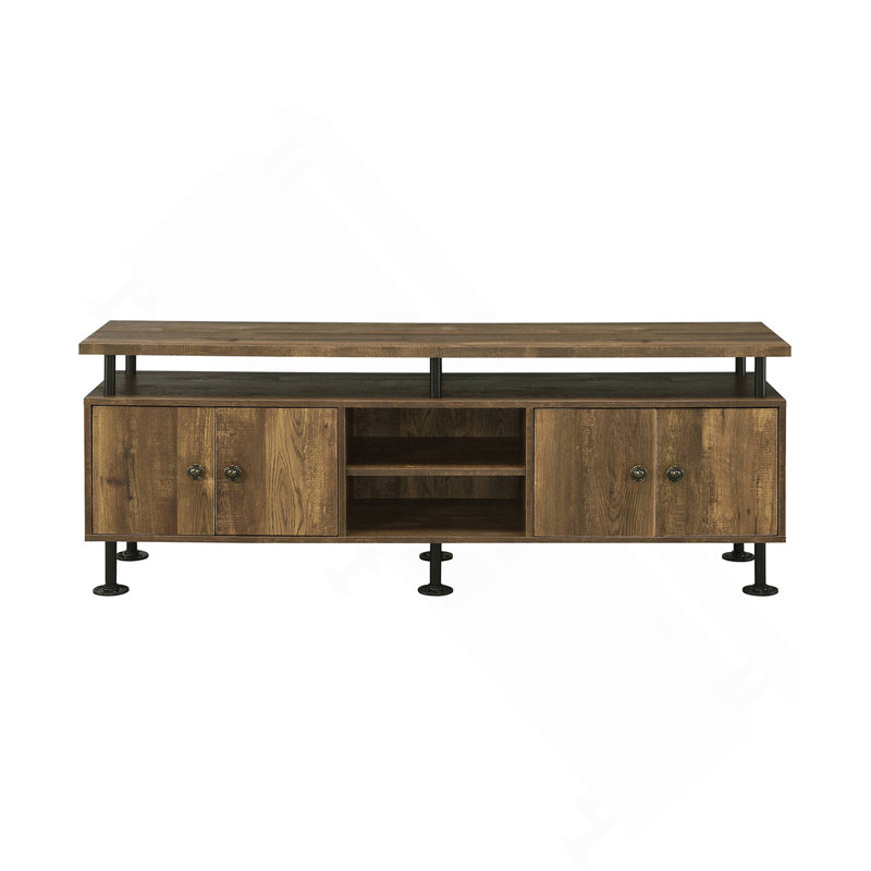 Meuble télé en chêne rustique et noir de 60 pouces avec 4 compartiments ouverts, parfait pour la décoration industrielle et le rangement de divertissement.