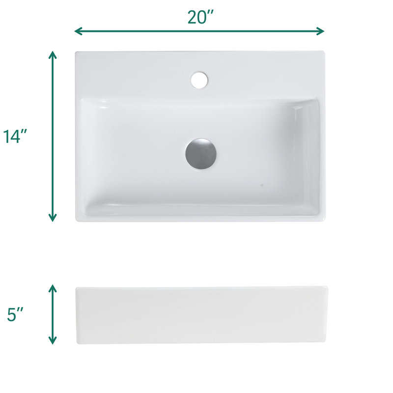 Lavabo de salle de bain intégré en céramique blanche 20 po x 14 po avec 1 trou de robinet - Finition, surface lisse, rayure de style contemporain, chaleur et teinture