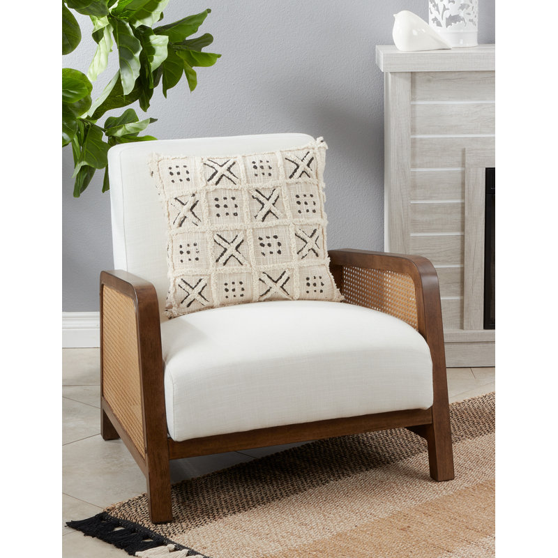 18" Beige and Black Cotton Tufted Block Print Throw Pillow
