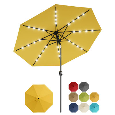 Parasol de patio 10 pi avec 32 lumières solaires à DEL - Parasol de table extérieur imperméable et résistant aux rayons UV, manivelle, inclinaison à bouton-poussoir, 8 nervures solides - Parfait pour le jardin, la piscine, la terrasse, la cour