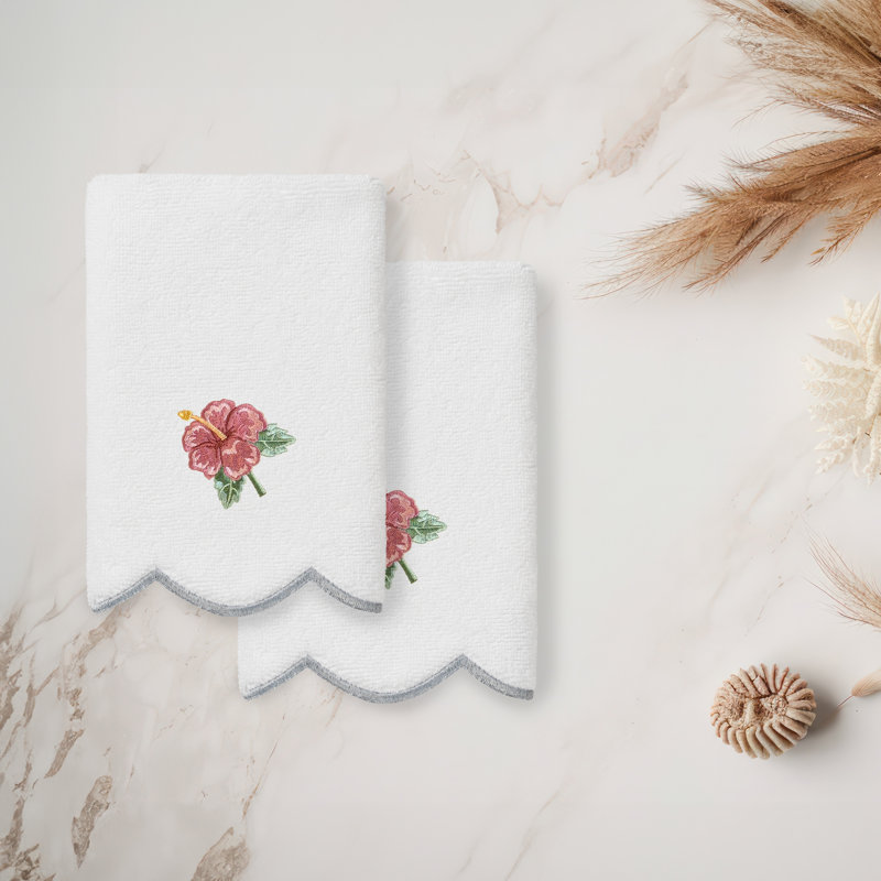  100% Turkish Cotton MAUI Scallop 2PC Embellished Fingertip Towel Set, White/Gray, Fingertip Towels - 2 Pack