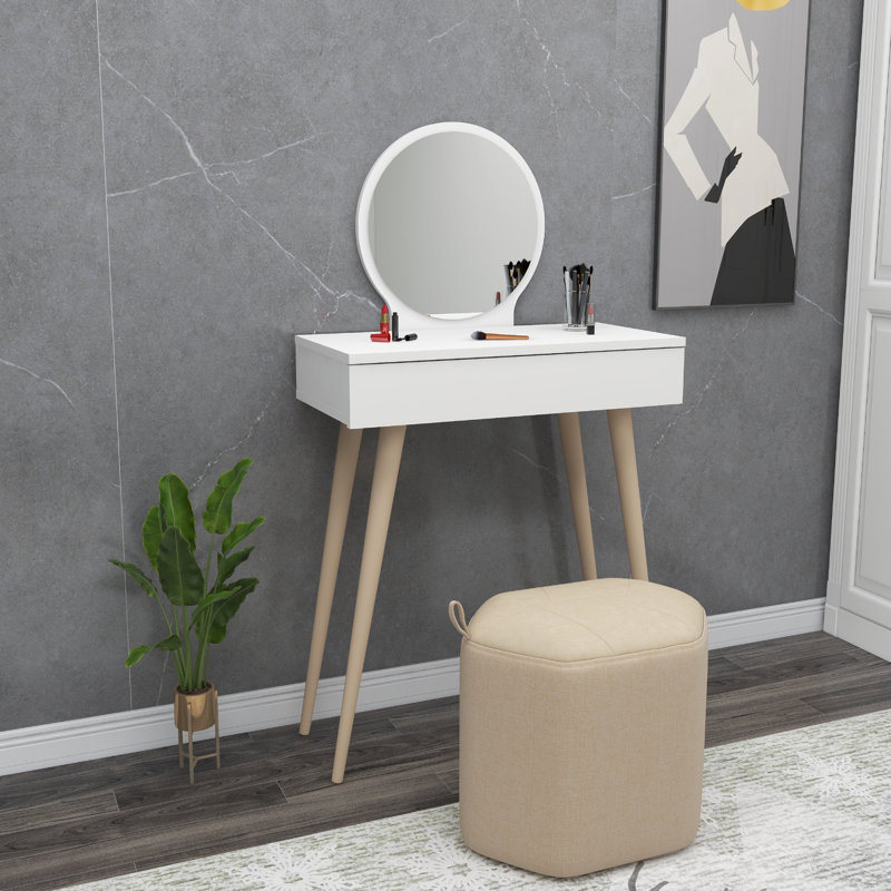 Kristina 72cm Dressing Table with Round Mirror and Drawer, White