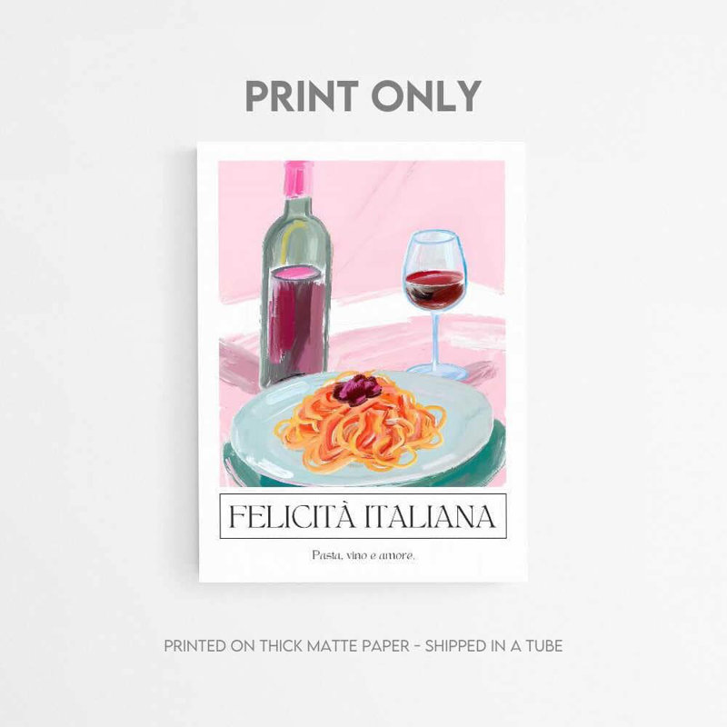 Reproduction d'art de la cuisine italienne: pâtes et vin, H 16 po x l 12 po, Impression encadrée sans passe-partout