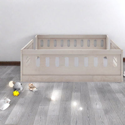 Rustic Wood Platform Bed With Guardrail, Space-saving Design For Family