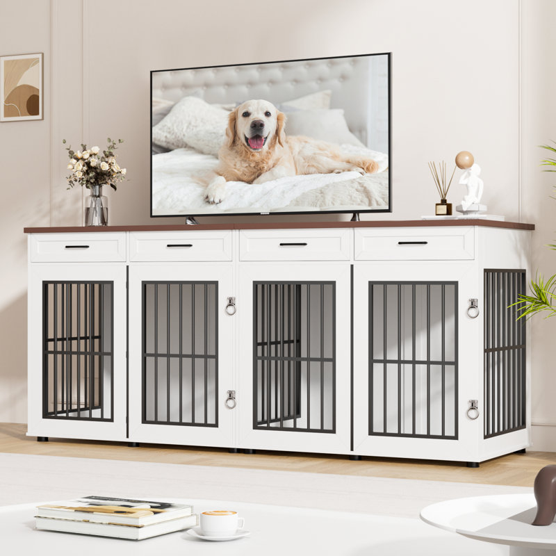86.7" Double Dog Crates Furniture, Large Farmhouse Dog Kennel With 4 Drawers As Tv Stand, Heavy Duty Dog Cage For 2 Large Dogs