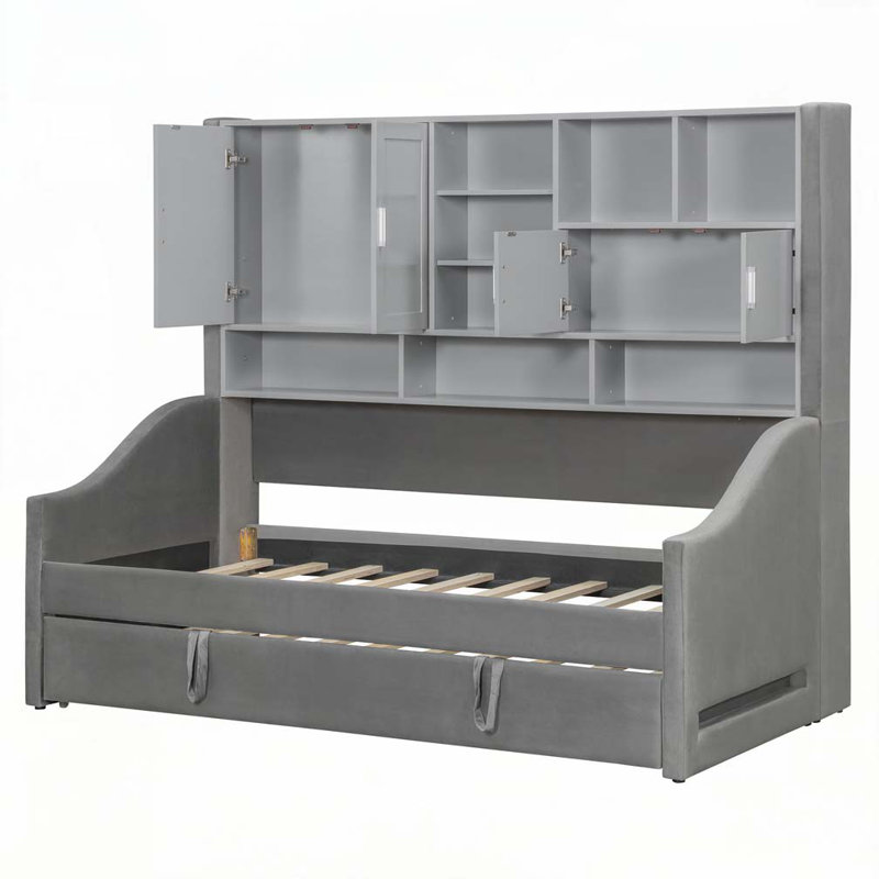 Upholstered Daybed with LED Armrest Lights, Storage Shelves & Cabinets, Pull-Out Lift-Up Twin Trundle, Gray