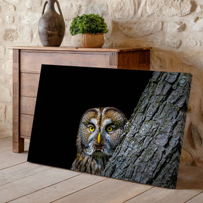 Reproduction d'art sur toile, "Hibou majestueux" avec détails de plumes complexes et art mural jaune