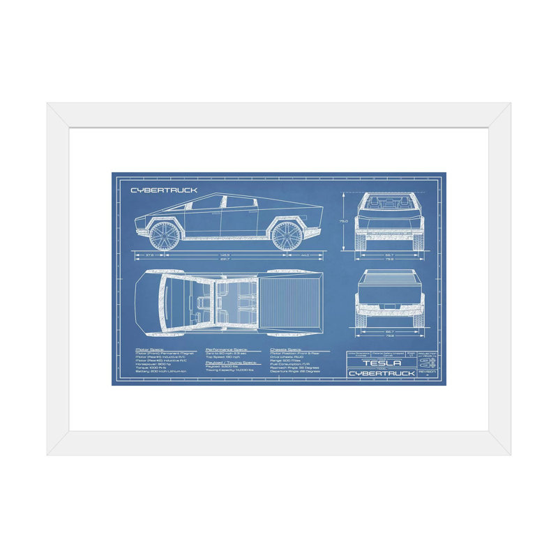 Blueprint de Tesla (2020-2022)-impression de dessin, H 16 po x l 24 po x P 1 po, Papier encadré blanc, Blanc