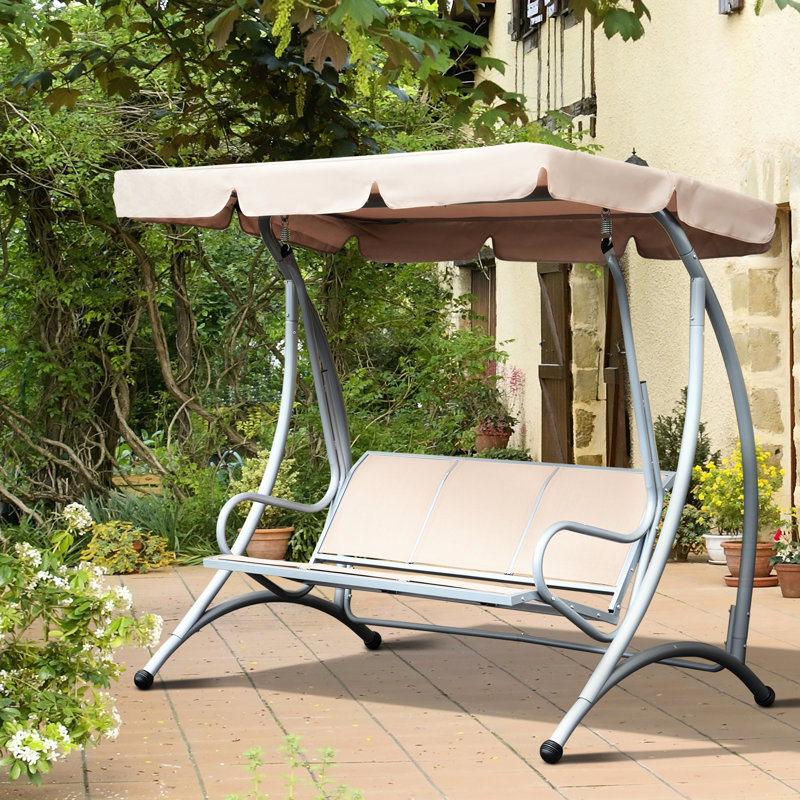 Balancelle de jardin 3 places avec pare-soleil réglable, beige - Décoration de jardin, 3 auvents et siège respirant pour terrasse.