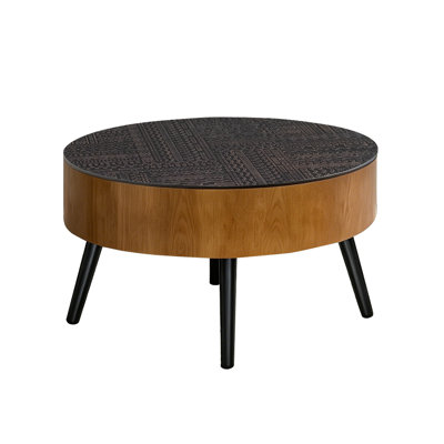 31.5" Round Coffee Table With A Carved Design And Storage Space, Suitable For Vintage Style