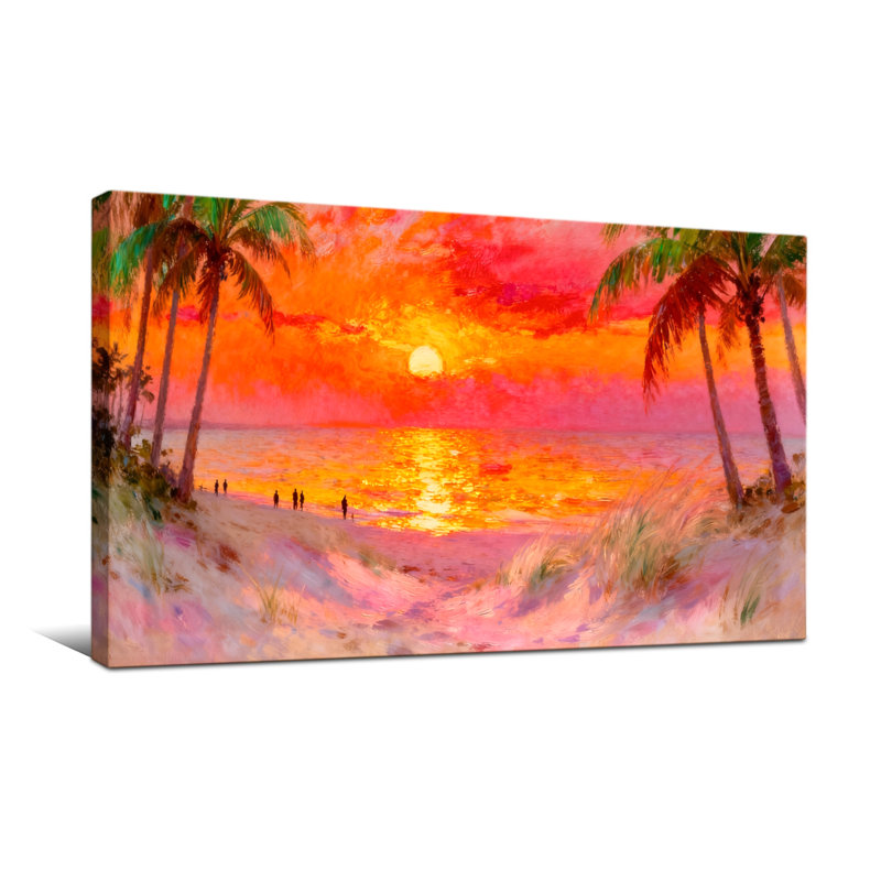 Nautique et plage, coucher de soleil tropical, palmiers, couleurs vibrantes, vue sur l'océan, H 24 po x l 48 po