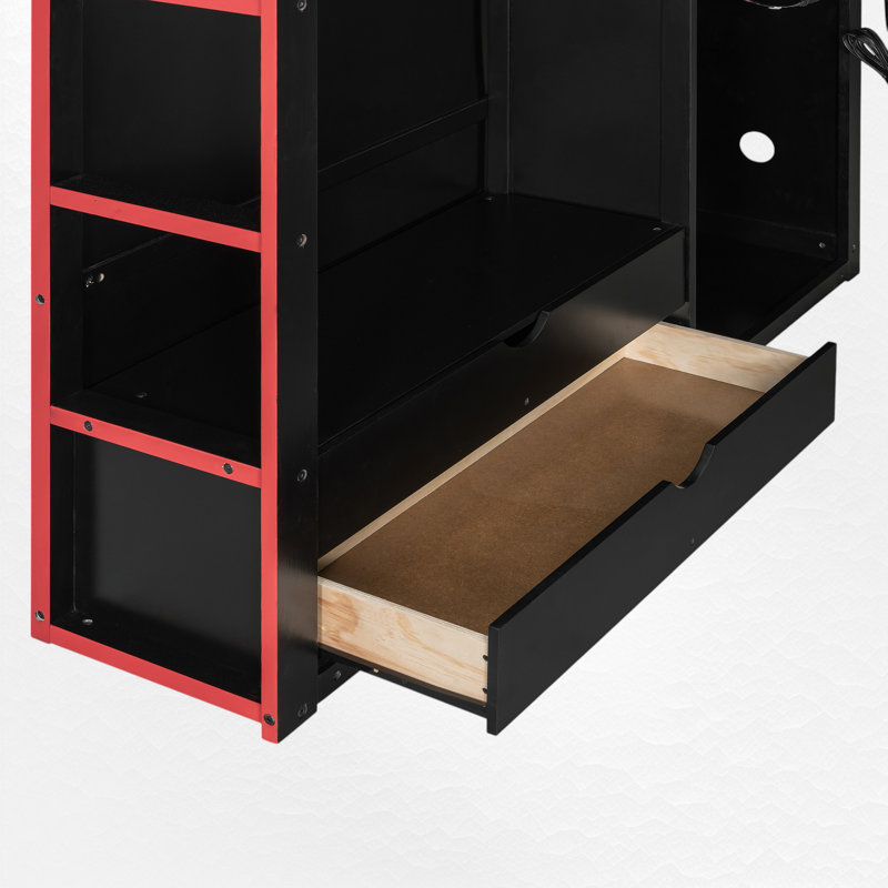 Lit mezzanine double avec bureau intégré et rangement, Noir/rouge