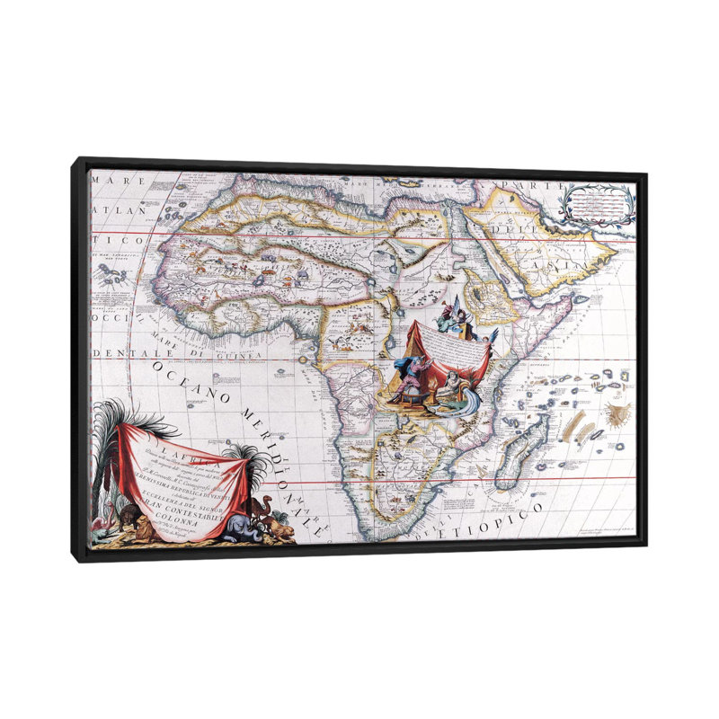 Carte antique d'Afrique, impression sur toile, H 18 po x l 26 po x P 1,5 po, Toile encadrée noire, Pas de tapis
