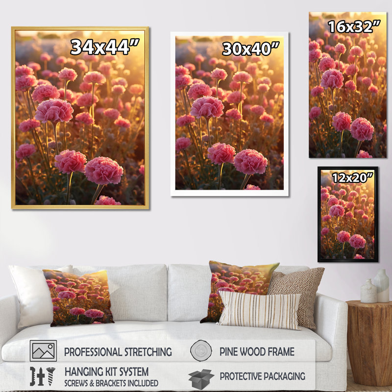 Reproduction d'art sur toile avec œillets roses, Toile tendue, H 32 po x l 24 po x P 1 po