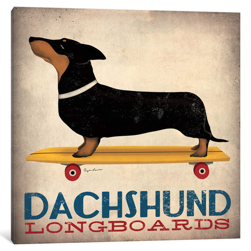 Inconnu, «Dachshund Longboard», impression sur toile tendue, H 12 po x l 12 po x P 0,75 po, Toile tendue, Pas de tapis