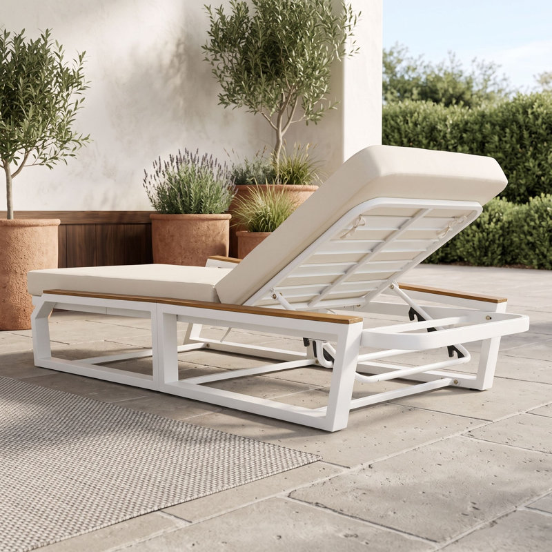 Ensemble de chaise longue luxueuse avec dossier réglable à 5 positions et coussin de qualité supérieure, Crème teck blanc