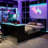 Full Size Wood Daybed with Twin Size Trundle,Desk,LED light and USB,Black+Blue-65048525-65048526