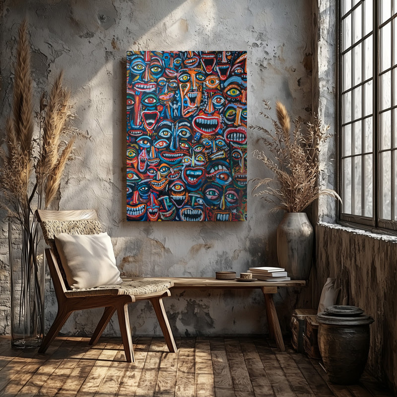 Toile, œuvre d'art expressionniste vibrante et chaotique remplie d'une multitude d'art mural de visages abstraits et de personnages