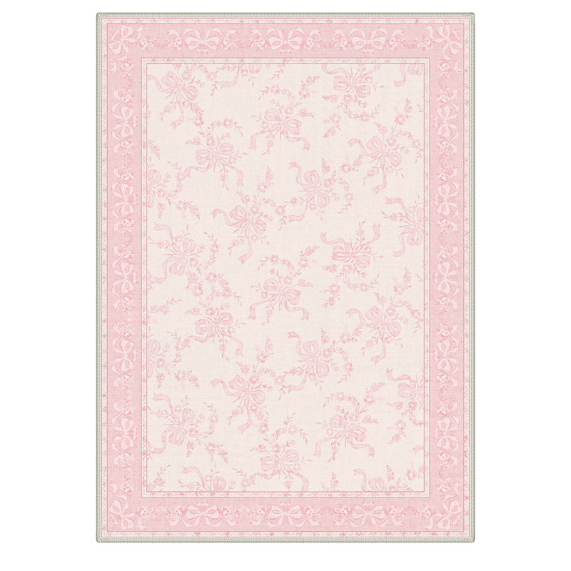 Atascadero Floral Pink Ribbon Bow Machine Washable Pink / Beige Indoor Area Rug with Non-Slip Backing, Rectangle 5' x 7'