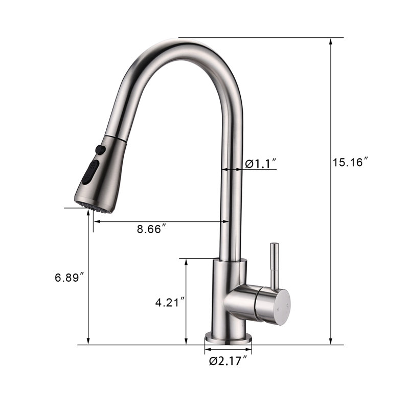 Robinet de cuisine extractible à poignée simple avec douchette latérale, Nickel brossé
