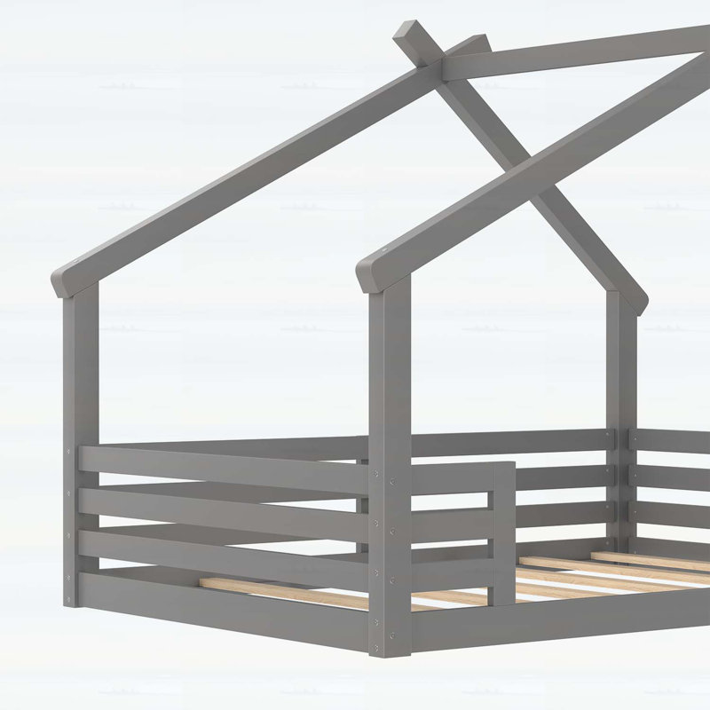 Lit House House avec fenêtre et petite tablette, aucun sommier nécessaire, Lit double, Gris