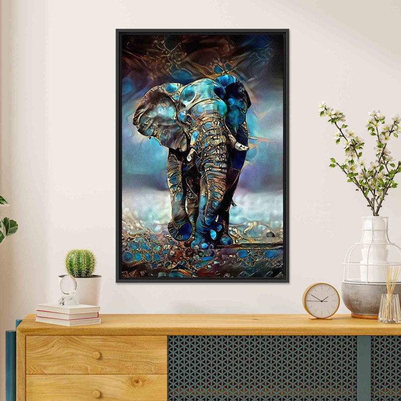 Reproduction d'art sur toile imprimée: Éléphant abstrait, décor bleu moderne, toiles à cadre noir 1P, H: 27,6 po x l: 19,8 po