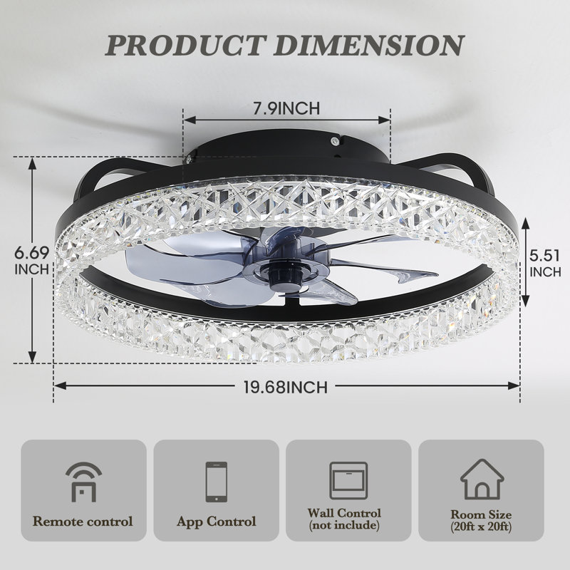 Kalyx Modern Crystal Ceiling Fan Light with Remote and Smart APP, Black