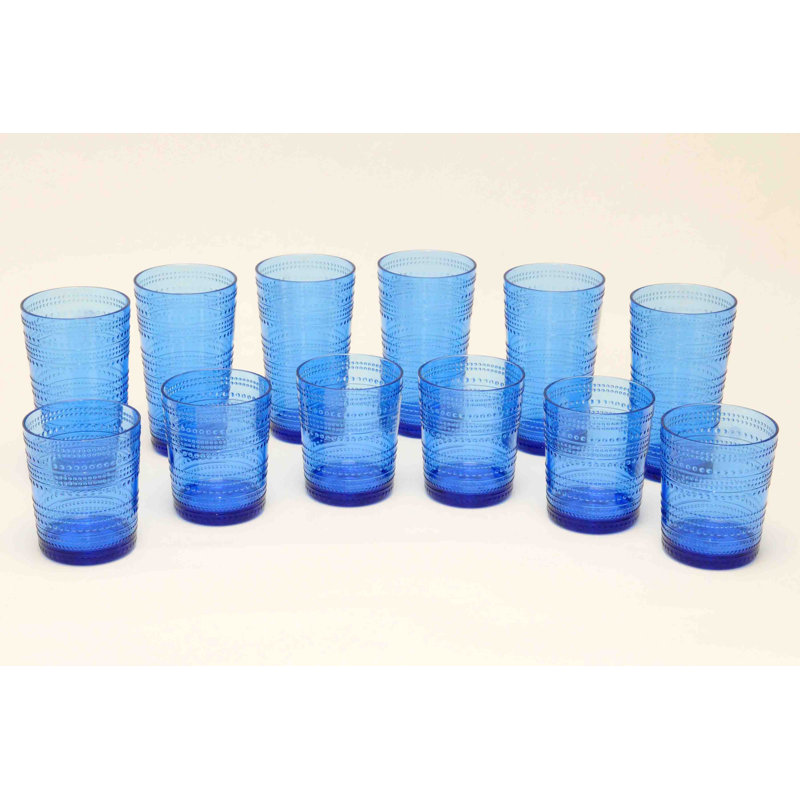 Adalet Beaded Collection 12 Pieces Acrylic Drinking Glass Set - Includes 2 sizes, Blue