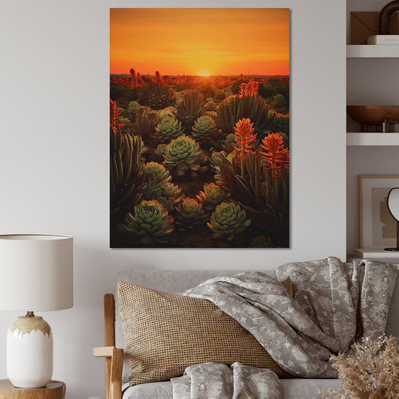 Succulent cactus du désert brûlant au coucher du soleil I, H 32 po x l 24 po x P 1 po, Toile tendue