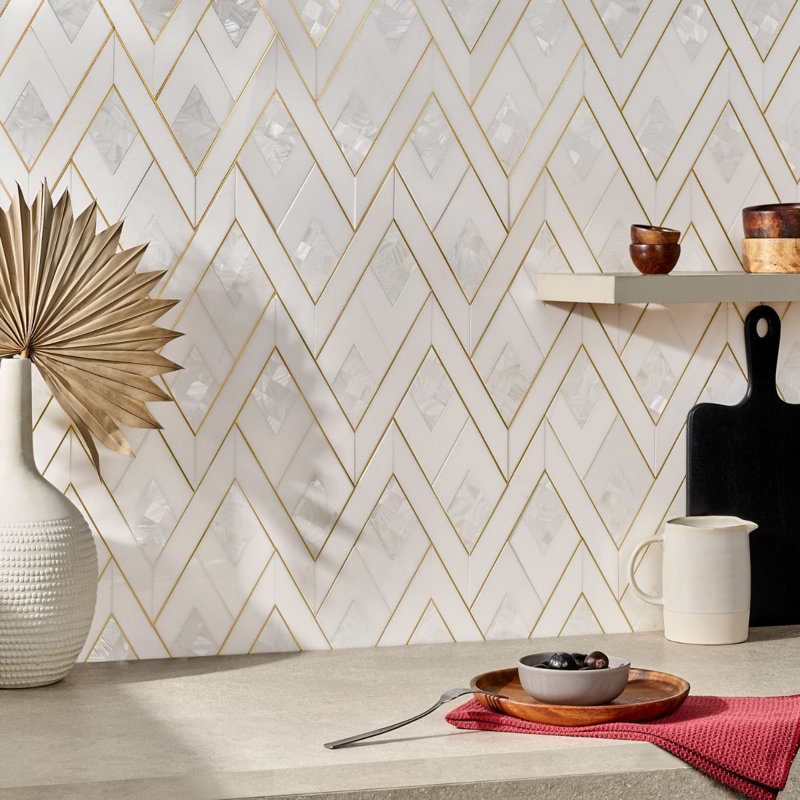 Zeta 12x16 Polished Marble and Brass Inlay Waterjet Mosaic Tile, Pearl White