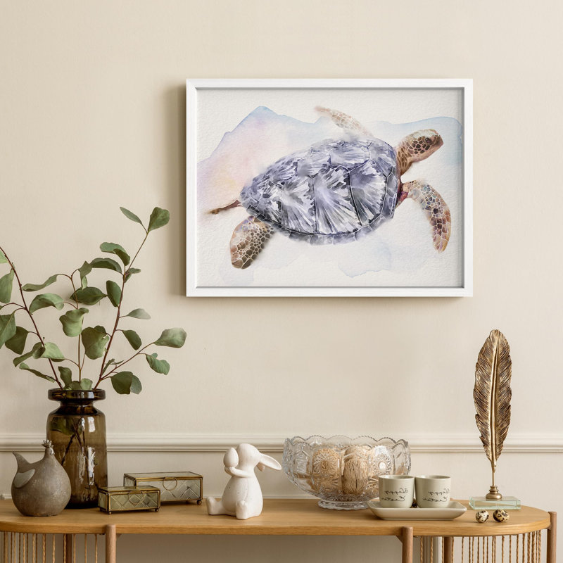 Tortue brune avec coquille mauve nageant dans des animaux de la mer, petit décor, art moderne, H 11 po x l 14 po, Blanc