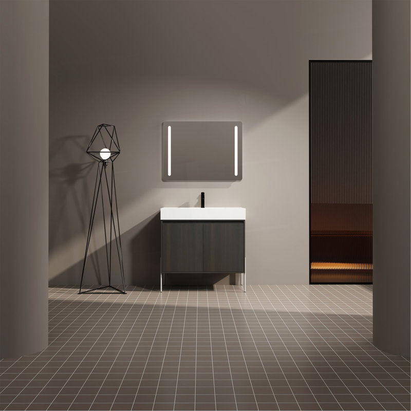 Meuble-lavabo sur pied 36 po avec lavabo en résine, armoire de rangement avec portes à fermeture douce, 35"