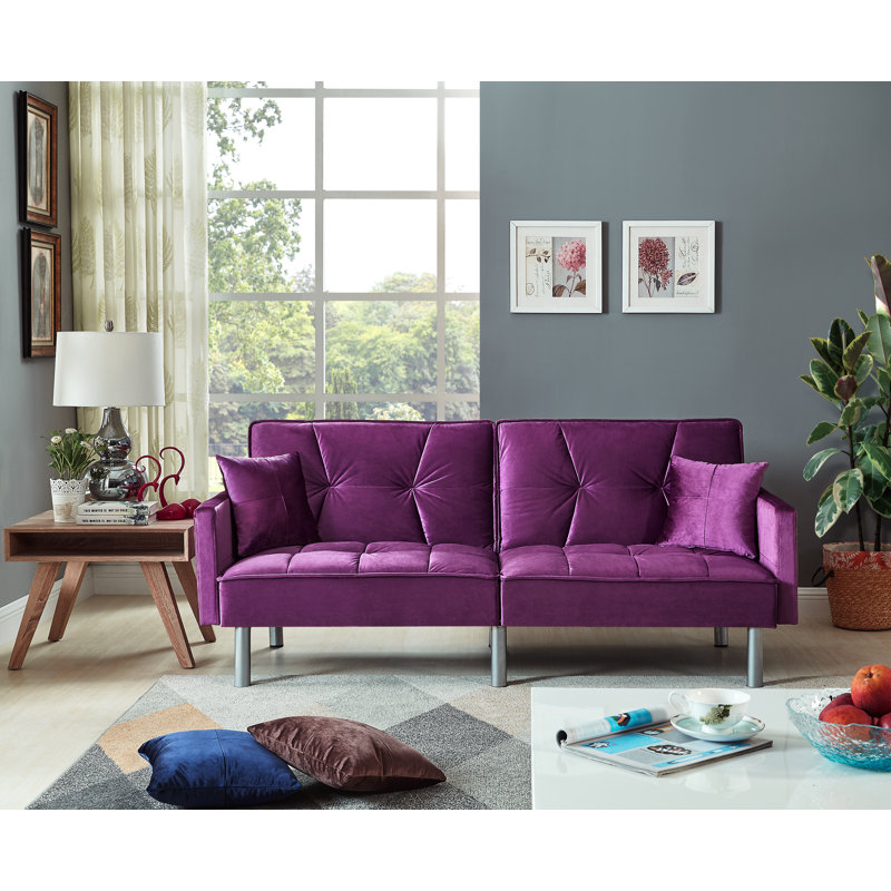 Hemphill 75.5'' Velvet Square Arm Sofa Bed, Purple Velvet