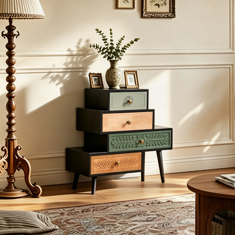 Commode décorative en bois naturel rustique à 4 tiroirs Cayden Farmhouse, Noir
