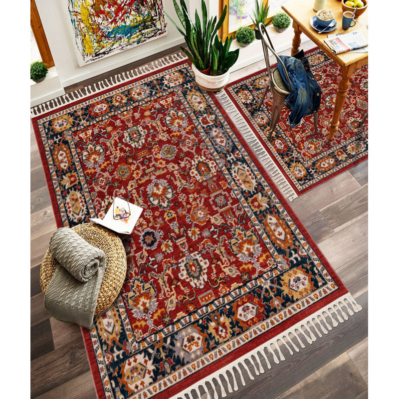 Tapis oriental en polyester tissé à la machine en rouge / noir, Tapis de couloir 2 pi 7 po x 9 pi 10 po