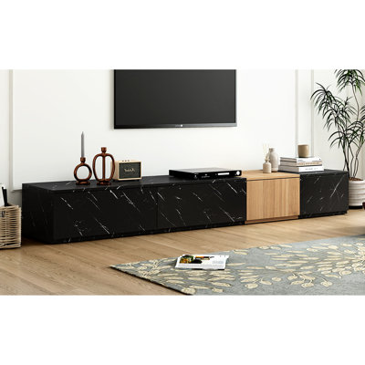 Meuble télé contemporain avec faux marbre et noyer, 4 tiroirs de rangement, pour téléviseurs de 88 po, tiroir de rangement noir pour salon, accessoire décoratif