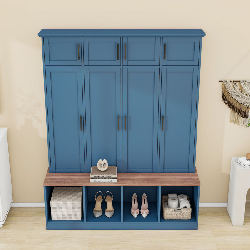 Modern Wooden Hall Tree with Bench, Hanging Hooks and Storage Cabinets for Entryway Organization, Blue