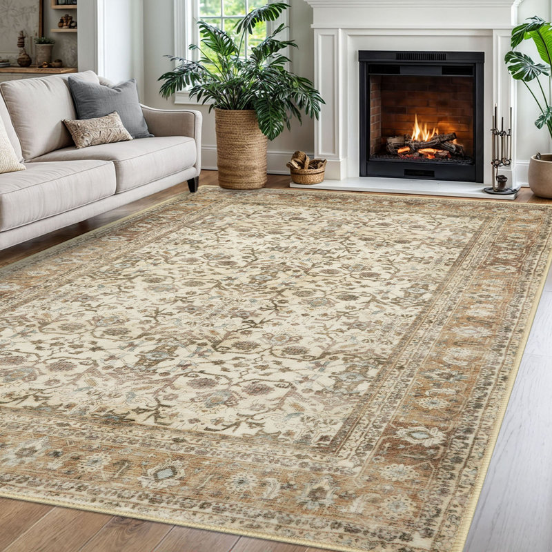 Tapis tribal à motif floral lavable à la machine avec envers antidérapant pour le salon de la chambre à coucher, Beige/brun