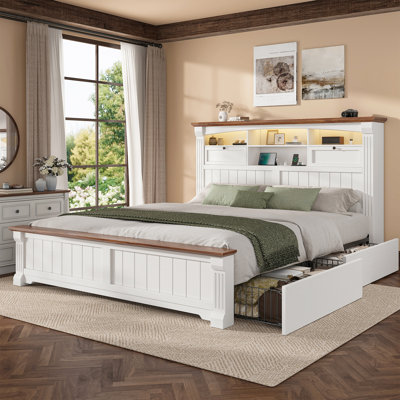 Queen Bed Frame with 54" Tall Bookcase Headboard & 4 Storage Drawers, Farmhouse Wood Platform Bed Frame with LED Light, Charging Station, 18" Tall Roman Column Footboard, No Box Spring Needed, White