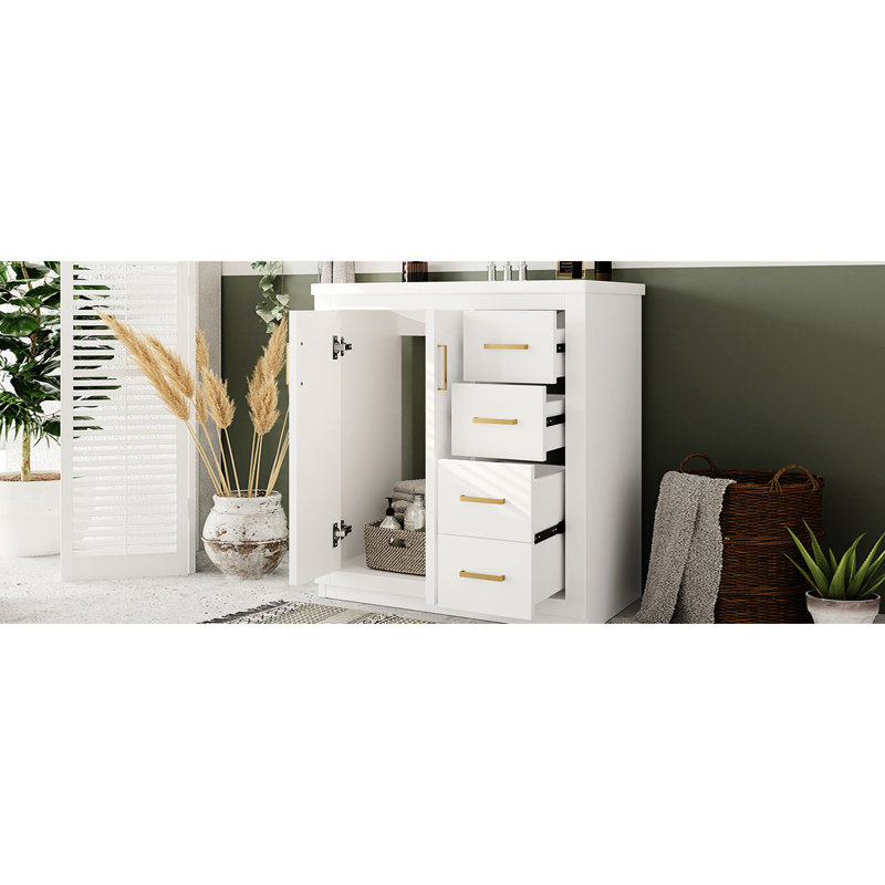 30'' Bathroom Vanity With Ceramic Sink, Solid Wood Frame, Soft - Closing Hinges, , 3 Drawers, Ample Storage, Unique Groove Pattern, Smooth Drawer Slide, Retro Style Boards, Exquisite Metal Handles,