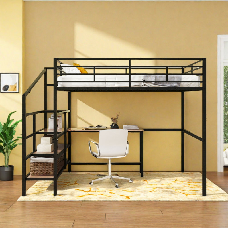 Full-Size Metal Loft Bed With Built-In Desk And Storage Stairs, Black