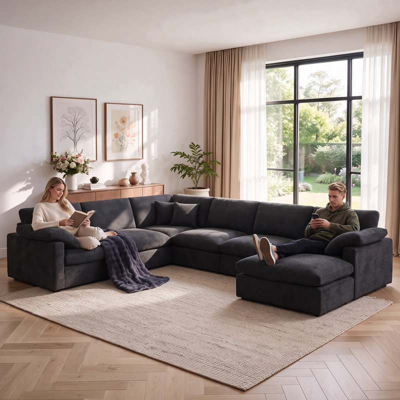 Canapé d'angle sectionnel en chenille de 366 cm (144 po) - 7 pièces - Canapé modulaire réversible surdimensionné et confortable avec pouf amovible rembourré